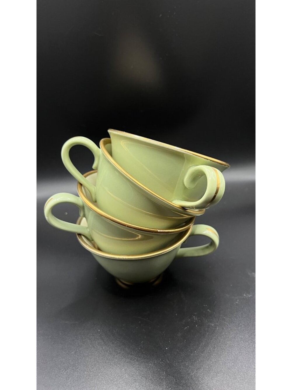 Taylor Smith & Taylor Vintage Celadon Gold Trim Teacups Set Of 4 MCM Collectible